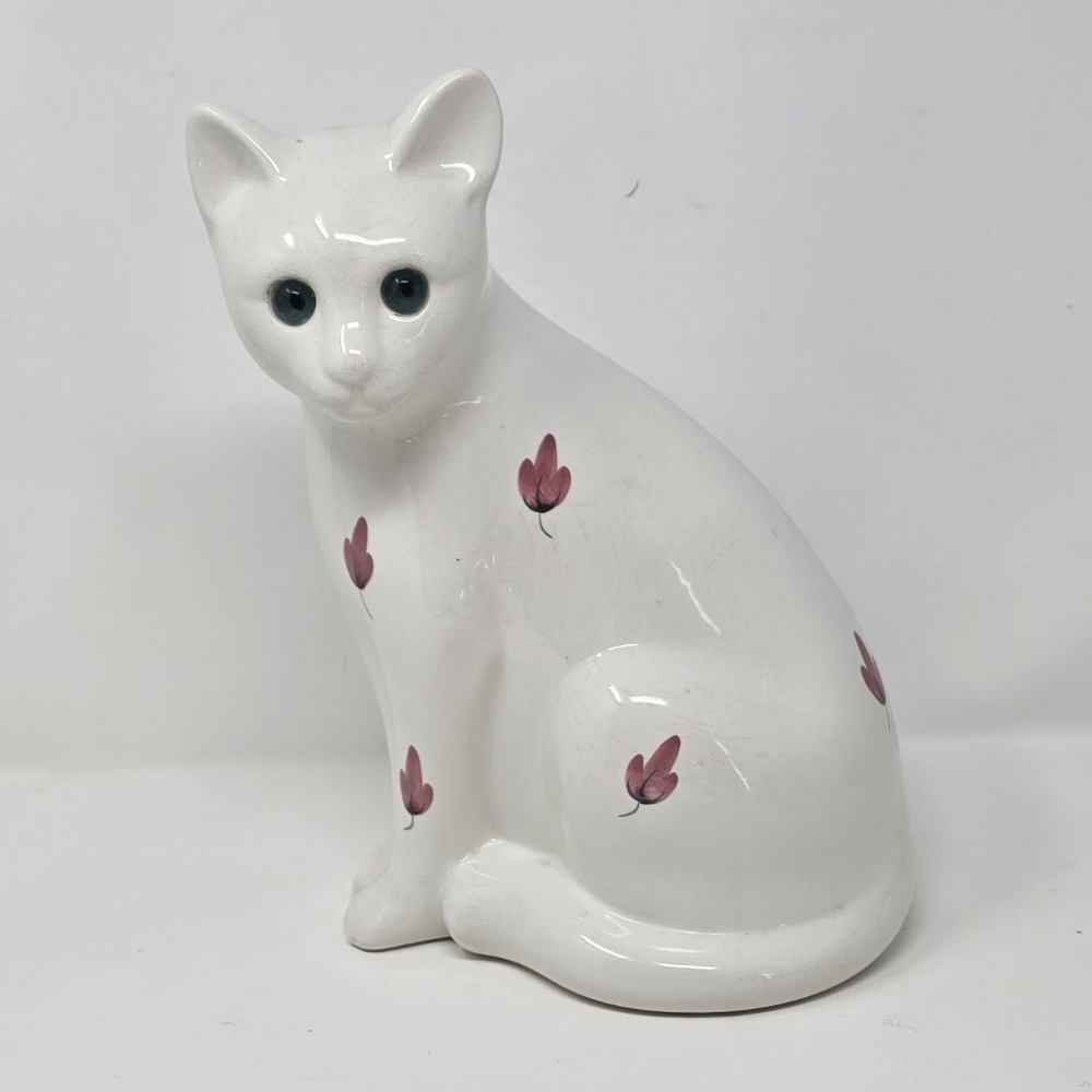 Vtg ELPA Alcobaca portugal white ceramic cat figurine green glass eye‎ floral